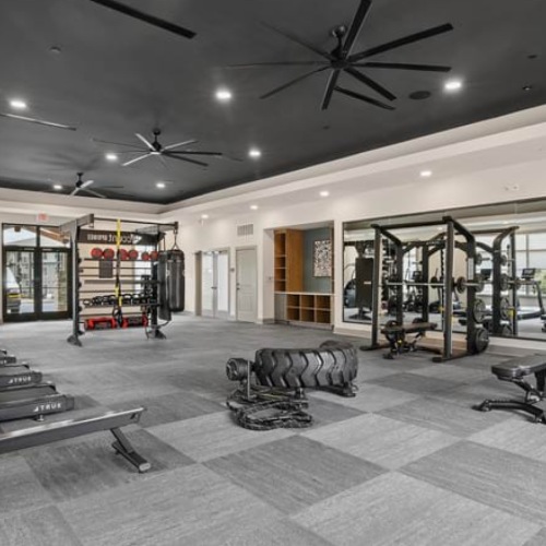 Fitness center with treadmills, rowing machine, squat rack, free weights and functional training area